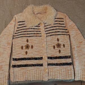 Vintage 80's Venus Fashion Cream and Black Striped Cardigan with Fuzzy Collar